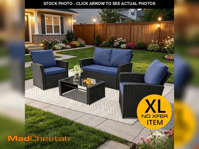 Lot 74-14312659 - Black 4-Piece Wicker Outdoor Dining Chairs with Loveseat and Grey Cushions and Table - UNUSED