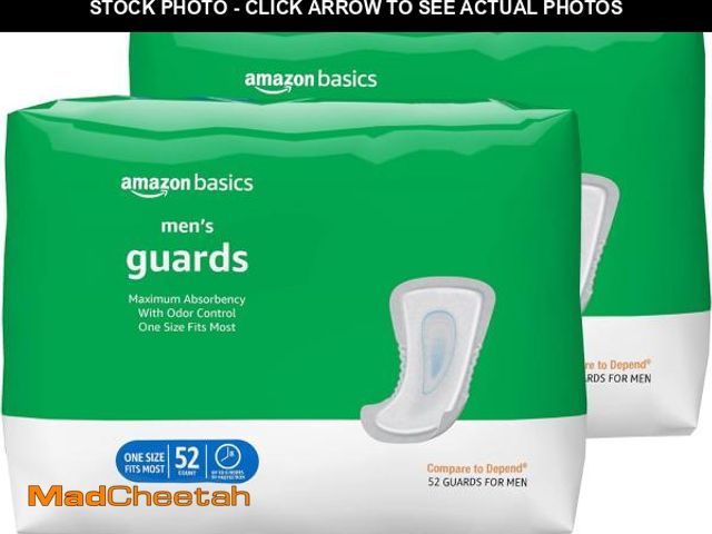 Lot 74-11721614 - Basics Men's Incontinence Guards, Maximum Absorbency, 104 Count, (2 Packs of 52) - UNUSED
