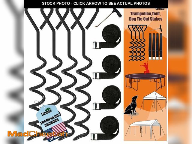 Lot 74-14266838 - EURMAX USA 4-Pack Windproof Trampoline Stakes Anchor Kit-Steel Corkscrew Anchor,Heavy Duty Tie Down ...