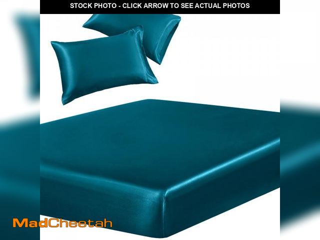 Lot 74-12442247 - SiinvdaBZX 3-Piece Set Satin King Fitted Sheet &amp; 2 Pillowcase, Dark Teal Silky Soft Fitted Botto...
