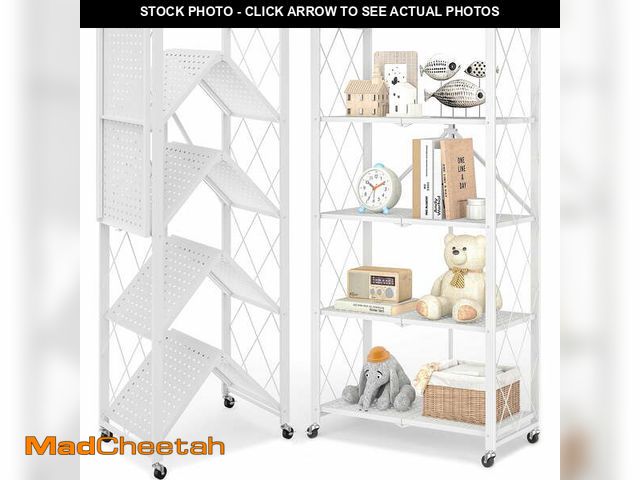 Lot 74-13053963 - Furnibear 5-Tier Folding Storage Shelves with Wheels, Foldable Metal Rack, Collapsible Shelves for G...