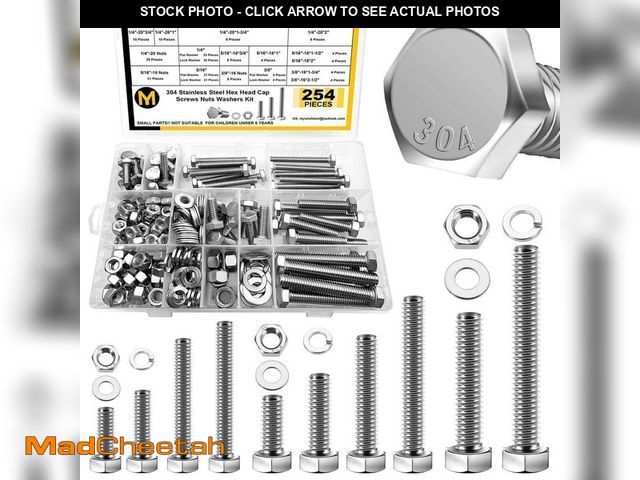Lot 74-14314442 - MYWISH 254-Piece Bolts and Nuts Assortment Kit, 1/4 20 Bolt, 5/16 18 Bolt, 3/8 16 Bolt, Includes 10 ...