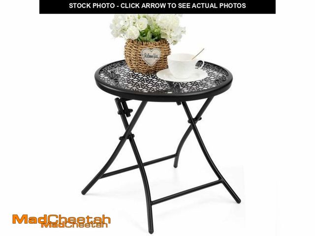 Lot 74-12022691 - TeoKJ Folding Outdoor Side Tables, Anti Rust Small Patio Table Round Metal Nightstand with Flower Cu...