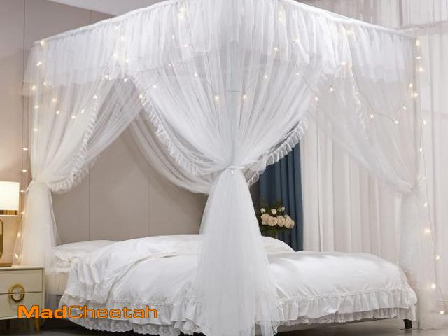 Lot 74-12443948 - VETHIN 4 Corners Post Ruffle Princess Bed Canopy Curtain-Double Layer Cozy Drape Netting 4 Opening M...