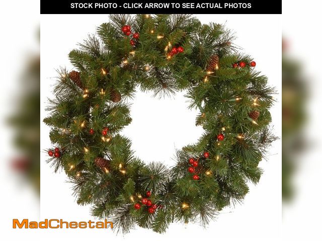 Lot 74-13042295 - National Tree Company 24 in Pre-Lit Crestwood Spruce Artificial Christmas Wreath, Christmas Decorati...