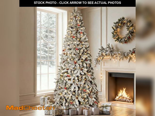Lot 74-12891284 - GVDV Christmas Tree 7.5ft Pre-Lit Snow Flocked Artificial Christmas Tree with Pinecones &amp; Berrie...