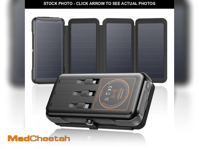 Lot 74-11556785 - SOARAISE Wireless Solar Power Bank, 25000mAh Solar Charger with Built-in 3 Cables, Dual Outputs, 4 S...