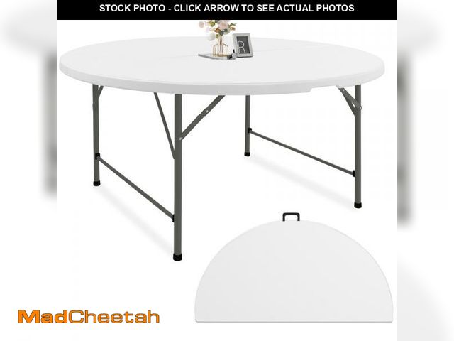 Lot 74-12243653 - 5 FT Round Folding Tables White Foldable Table, Fold-in-Half with Carrying Handle Portable Plastic T...