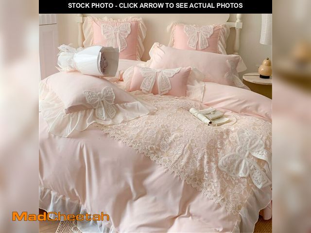 Lot 74-13476458 - Ruffled Bedding Bow Duvet Cover -Twin Size Pink Chic Lace Bedding Set with Cute Bowtie-2 Pieces Soft...