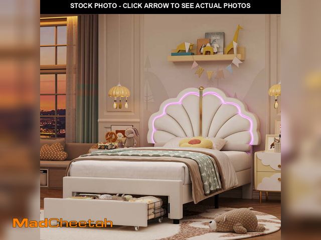 Lot 74-13283293 - Hiphuta Twin Size LED Bed Frame with Drawers, Upholstered Platform Bed Frame with Tufted Headboard, ...