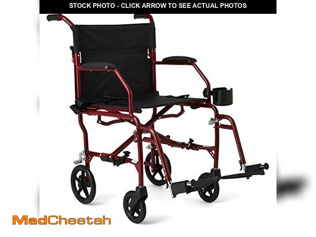Lot 74-12902071 - Medline Ultra Lightweight Transport Wheelchair for Adults, Foldable, 19-Inch Seat Width, Red Frame, ...