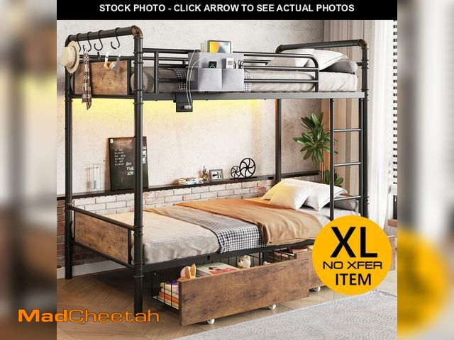 Lot 74-12628672 - Jocoevol Metal LED Bunk Bed Twin Over Twin with 2 Storage Drawers, USB Charging Station, Industrial ...