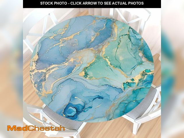 Lot 74-14153611 - Teal Marble Round Fitted Tablecloth with Elastic Edge,Water-Resistant Picnic Turquoise Blue Gold Tab...