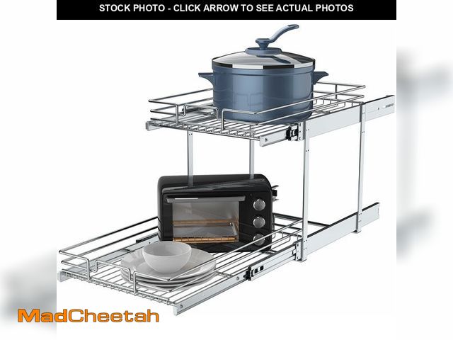 Lot 74-13708996 - 2 Tier Pull Out Cabinet Organizer, 26" W x 21" D Heavy-Duty Metal Sliding Drawer Shelf for Kitchen C...