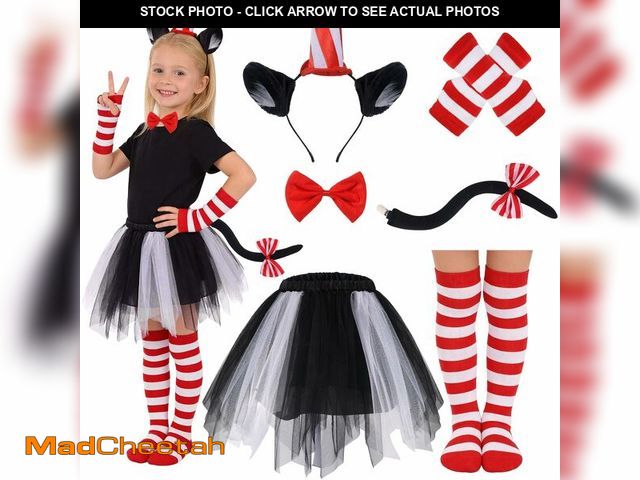 Lot 74-13622509 - Beipegin 6pcs Cat Costume for Girls, Cat Ear Hat Headband Tutu Bowtie Cat Tail and Striped Socks Glo...