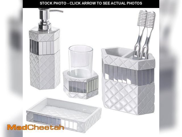Lot 74-12434757 - Creative Scents Quilted Mirror White Bathroom Accessories Set - Decorative 4 Piece Bathroom Set - Mi...