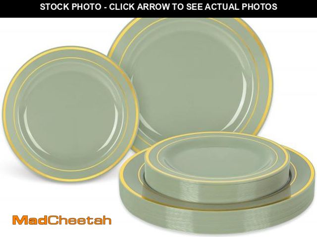 Lot 74-12333566 - *SEE PICS FOR COLOR* Whaline 50Pcs Sage Green Plastic Plates Gold Foil Bordered Disposable Plates De...