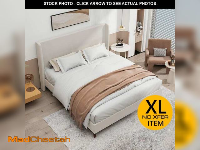 Lot 74-14115441 - Noble House Tranlis Beige Wood Frame King Size Upholstered Chenille Platform Bed with High Headboard...
