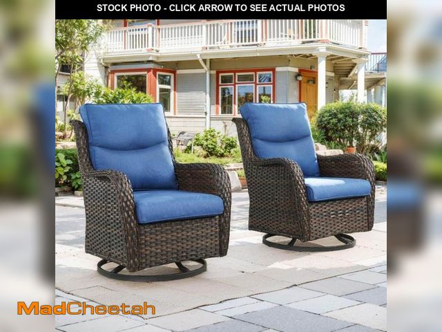 Lot 74-12300377 - moosprr LunaCurve Brown Swivel Glider Wicker Outdoor Rocking Chair with 5 in. Blue Cushions (2 PACK ...