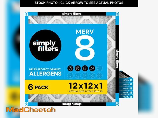 Lot 74-14275899 - Simply 12x12x1 Air Filter, MERV 8, 6 Pack, Furnace Air Filter for HVAC (Actual Size: 11.75"x11.75"x0...