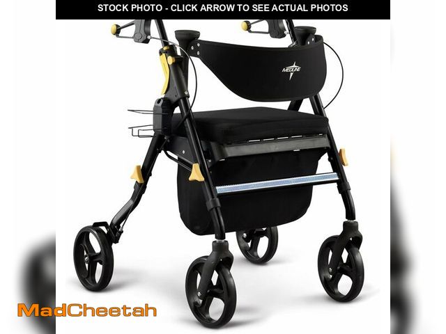 Lot 74-14203121 - Medline Premium Empower Folding Mobility Rollator Walker with Memory Foam Seat, Black, 300 lb. Weigh...