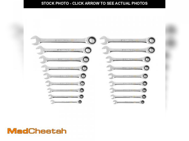 Lot 74-12420391 - GEARWRENCH SAE/MM 90-Tooth Pro Combination Ratcheting Wrench Tool Set with Tray (18-Piece) - UNUSED