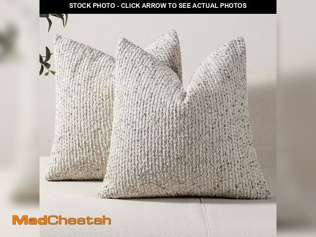 Lot 74-12717403 - Striped Throw Pillow Covers 16x16 Set of 2 Cream Grey Textured Boucle Chic Morden Boho Accent Farmho...