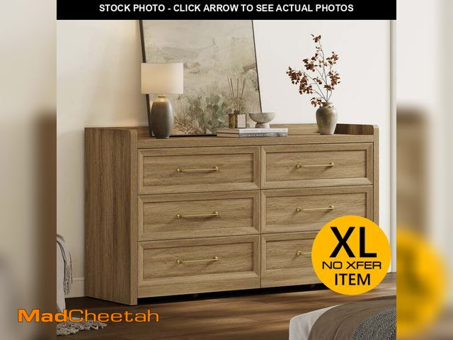 Lot 74-14609261 - SICOTAS 56.4"W Farmhouse 6 Drawer Double Dresser, Long Chest of Drawers with Brass-tone Handles &amp...