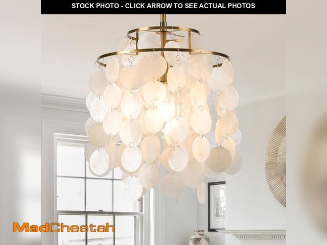 Lot 74-12309093 - LAMKNVS White Shell Pendant Lights, Brushed Brass Coastal Seashell Chandelier Metal 2 Tiers Ceiling ...