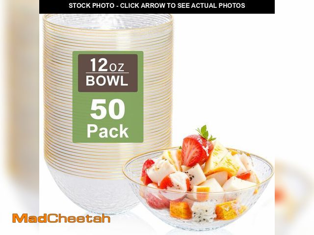 Lot 74-12705398 - Rubtlamp 50 Pack Clear Disposable Bowls, Clear Plastic Bowls with Gold Rim, 12-16oz Premium Heavy Du...