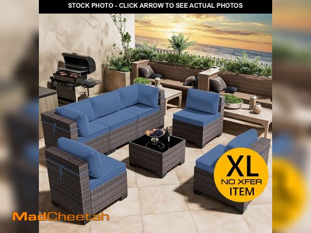 Lot 74-14290832 - Halmuz 7-Piece Wicker Outdoor Sectional Set with Cushion Navy Blue - UNUSED