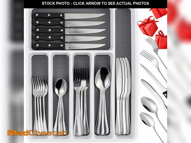 Lot 74-13711487 - 49 Piece Silverware Set with Organizer - Utensil Sets Stainless Steel Cutlery Set for 8, Mirror Fini...
