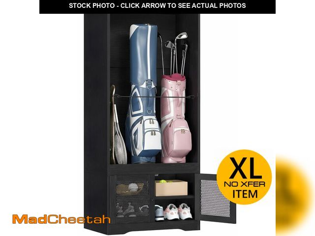 Lot 74-13071684 - YITAHOME Wooden Golf Bag Organizer, Multifunctional Storage Cabinet for 2 Golf Bags, Clubs, Shoes, G...