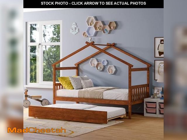Lot 74-12262614 - Twin Size Wooden House Bed with Pull-Out Trundle for Creative Bedroom Spaces, Walnut - UNUSED