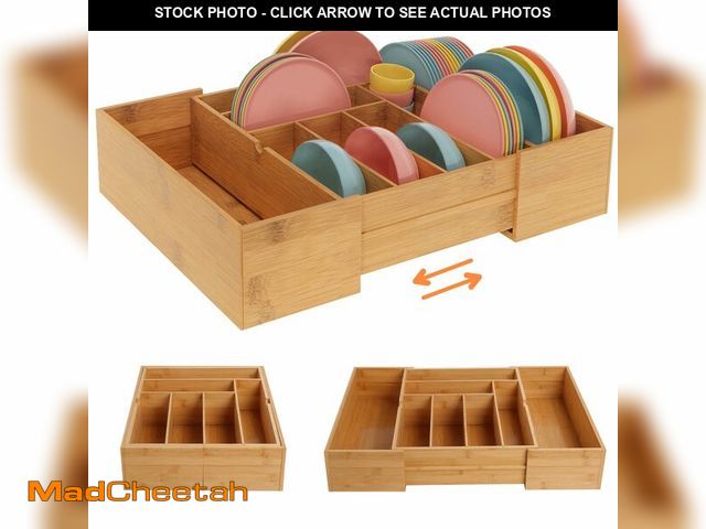 Lot 74-12838817 - BAMEOS 3.9inch Tall Bamboo Drawer Organizer, Expandable Utensil Holder with 8 Compartments, Adjustab...
