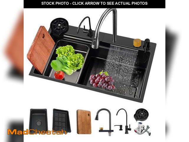 Lot 74-13758174 - Waterfall Kitchen Sink, Single Bowl Drop in Kitchen Sink with Pull-Out Faucet and Multiple Accessori...