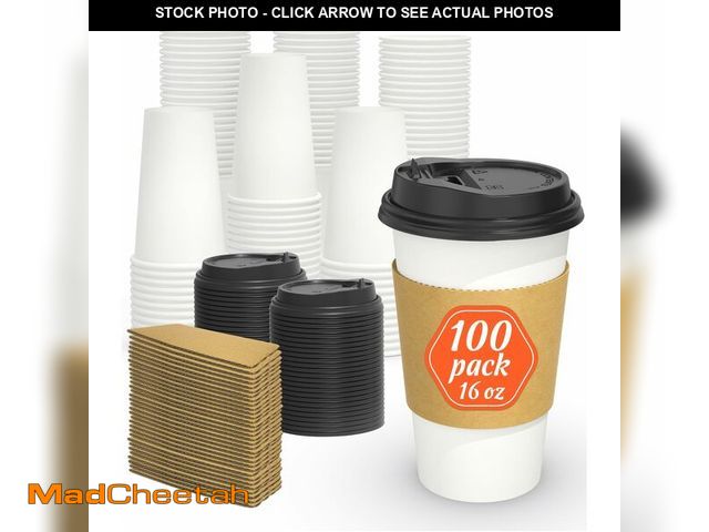 Lot 74-14207796 - Dealusy 100 Pack 16 oz Disposable Coffee Cups with Lids and Sleeves, Sturdy Thick Paper &amp; Leak-f...