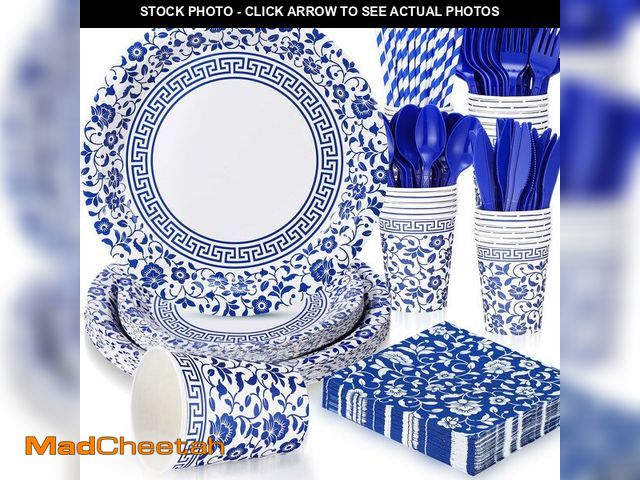 Lot 74-13570362 - Hushee 225 Pcs Blue and White Flower Disposable Tableware Set for 25 Guests 9 Inch 7 Inch Elegant Fl...