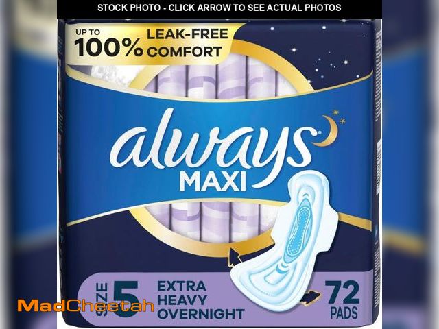 Lot 74-12367244 - Always Maxi Overnight Pads with Wings, Size 5, Extra Heavy Overnight, Unscented, 72 Count - UNUSED