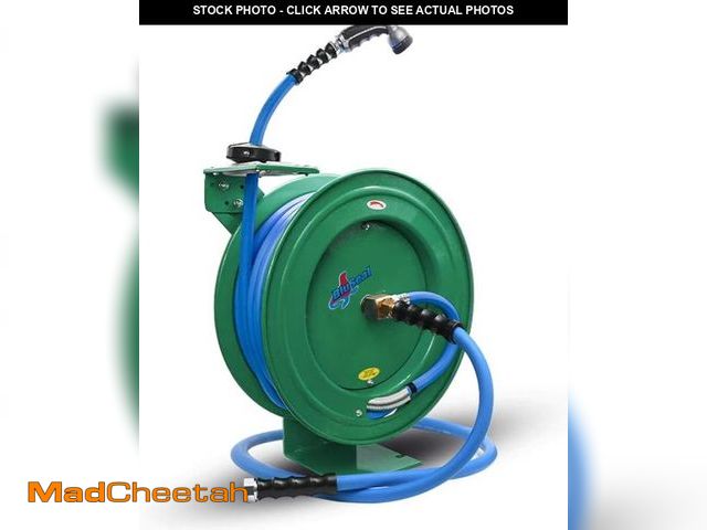 Lot 74-12204972 - RMX BluSeal Auto Retractable Water Hose Reel with Hot &amp; Cold Water Rubber Garden Hose, Spray Noz...