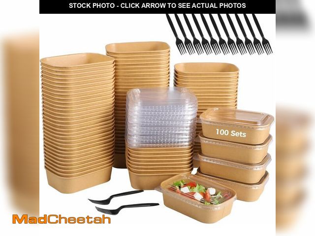 Lot 74-13040281 - Homaisson 100 Pack 17 oz Disposable Meal Prep Containers with Lids &amp; Forks, Kraft Paper Food Sto...