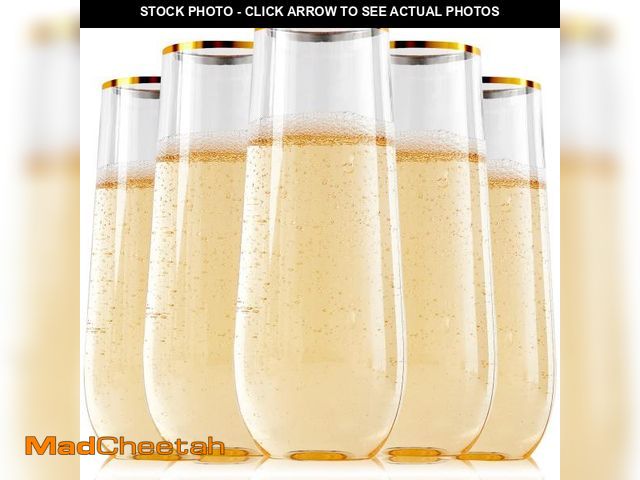 Lot 74-12306668 - FOCUSLINE 24 Pack 9 Oz Plastic Stemless Gold Rim Champagne Flutes, Heavy Duty, Shatterproof, Disposa...