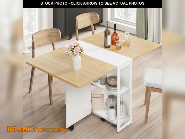 Lot 74-13095624 - Folding Dining Table, Drop Leaf Dining Table with 6 Wheels and 2-Layer Storage Shelf, Space Saving D...