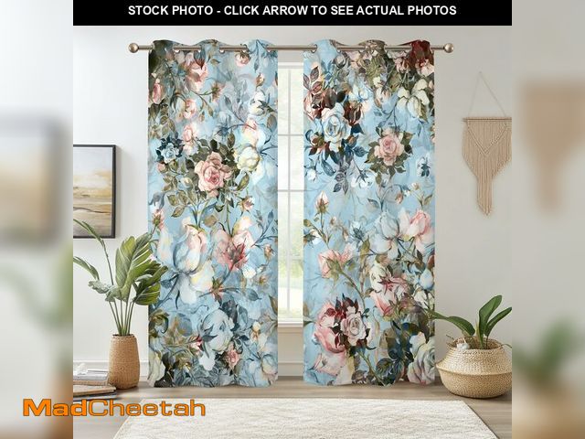 Lot 74-13547732 - Renaiss Blue Rose Floral Blackout Curtains, Light Blue Watercolor Flowers Blossom Bedroom Window Cur...