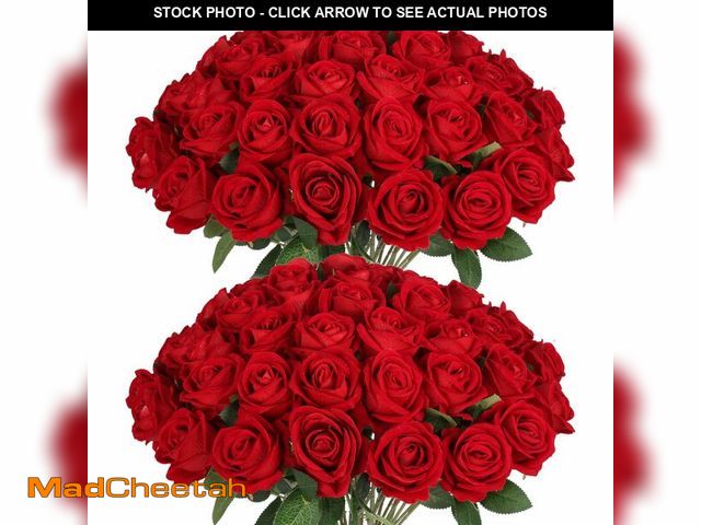 Lot 74-13951001 - Jefuzh 50 PCS Fake Red Roses, Artificial Red Flowers Bulk Realistic Silk Faux Rose with Stems for We...
