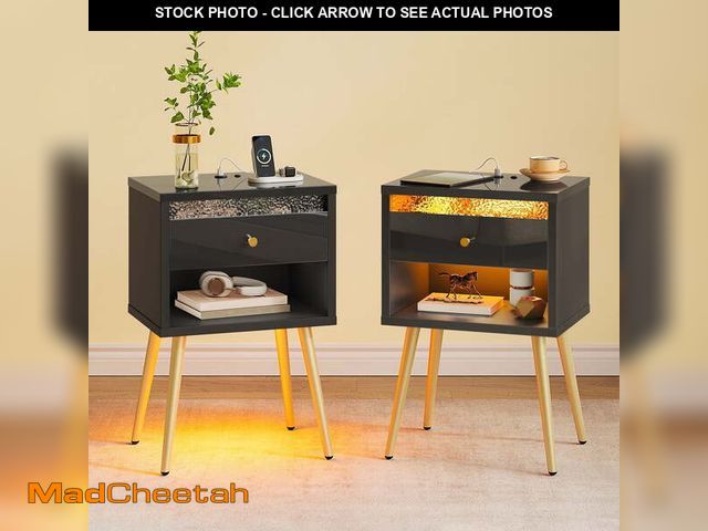 Lot 74-12848974 - Pinmoco Set of 2 LED Nightstand with Charging Station, Modern Bedside Table with Drawer and Open Sto...