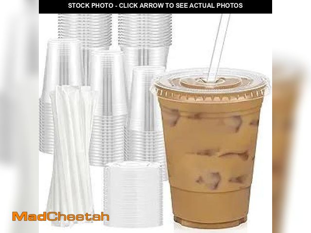 Lot 74-12127533 - Dealusy 100 Pack - 16 oz Clear Plastic Cups with Lids and Straws, Sturdy &amp; Food Safe Iced Coffee...