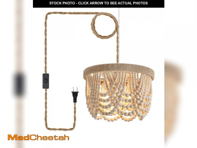 Lot 74-12303253 - AMZASA Plug in Chandelier Boho Woven Hemp Rope Wooden Beaded Farmhosue Hanging Pendant Light Fixture...