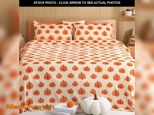 Lot 74-12883143 - VitalCozy 4 Pcs Flannel Halloween Bedding Set Queen Size Orange Pumpkin Bedding Throw Blanket with F...