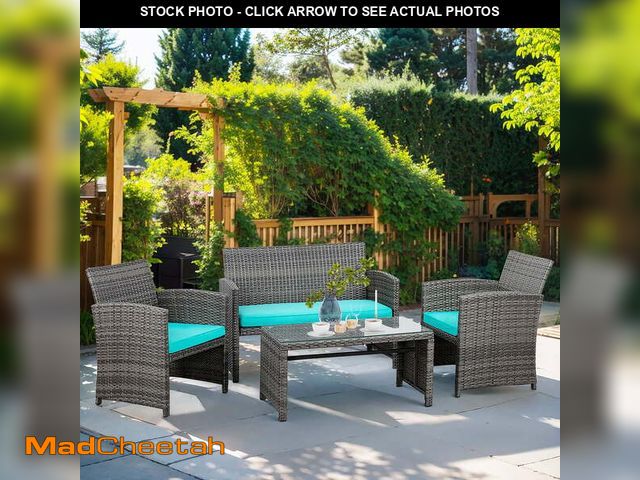 Lot 74-12891433 - Walsunny 4-Piece Patio Rattan Furniture Set with Cushions &amp; Tempered Glass Tabletop, Blue - UNUS...